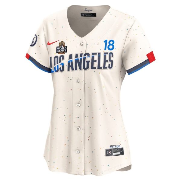 Yoshinobu Yamamoto 18 Los Angeles Dodgers Women's 2024 World Series Champions City Connect Cream Limited Player Jersey - Image 2