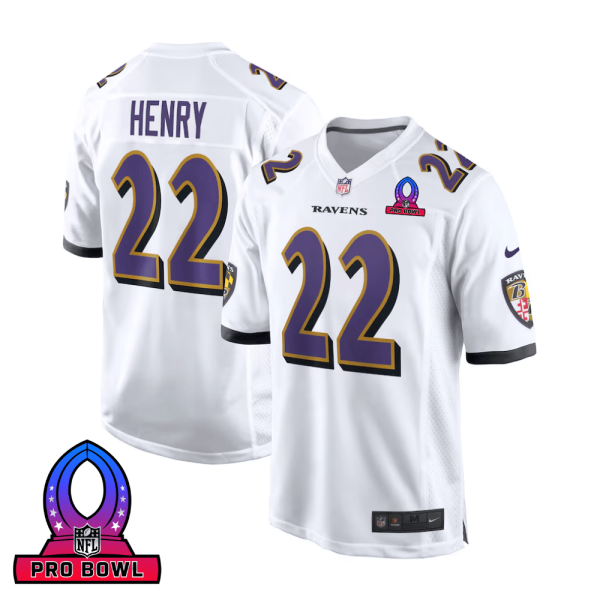 Derrick Henry 22 Men Baltimore Ravens Jersey 2025 Pro Bowl Patch Game White