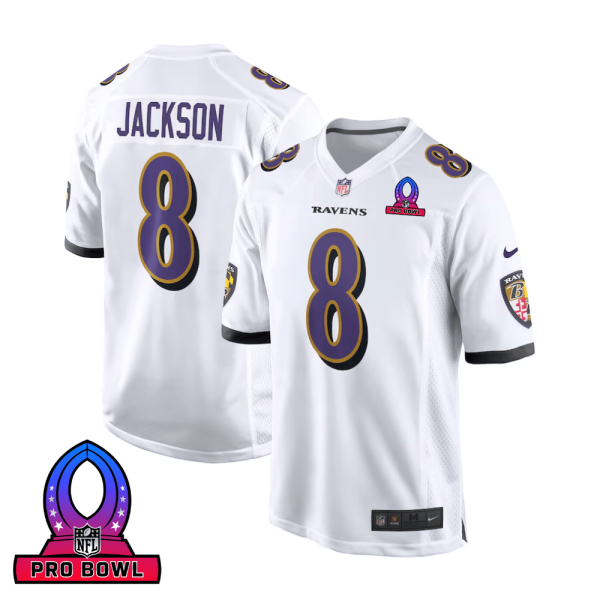 Lamar Jackson 8 Baltimore Ravens Jersey 2025 Pro Bowl Patch Game White For Men