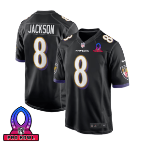 Lamar Jackson 8 Baltimore Ravens Jersey 2025 Pro Bowl Patch Alternate Game Black For Men